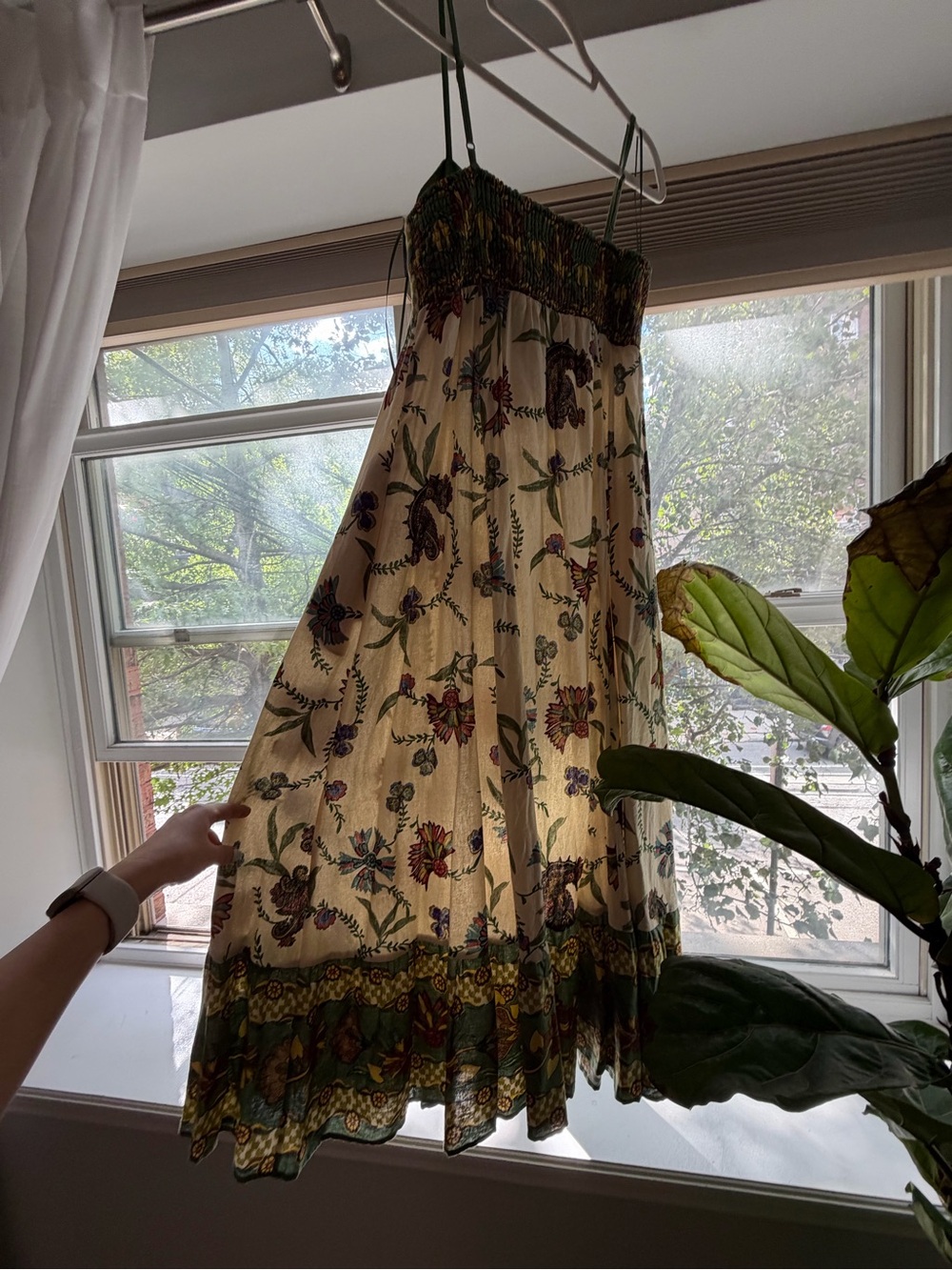 Bohemian Floral Cream Maxi Dress with Green Trim - Picture 3 of 4
